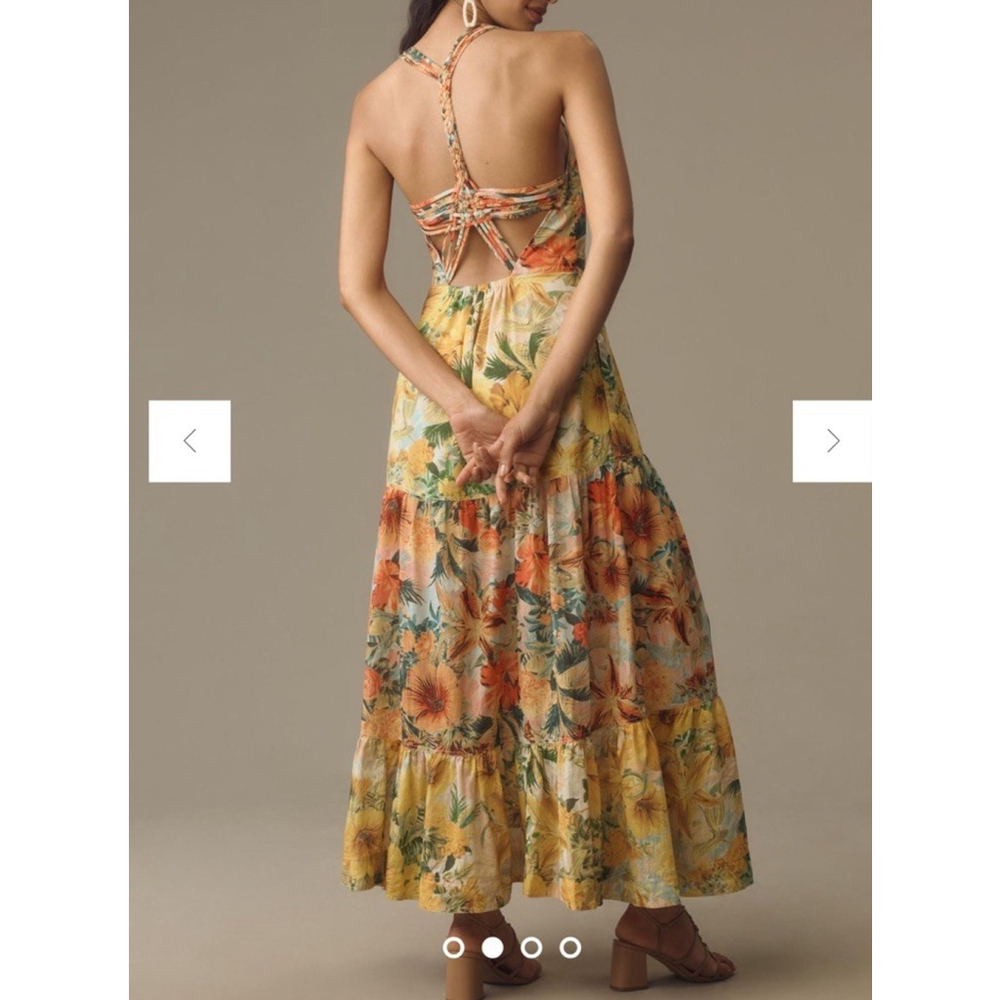 NWT Anthropologie Pilcro Halter Maxi Dress Size:XL Yellow Floral Tier Tropical - Picture 2 of 16